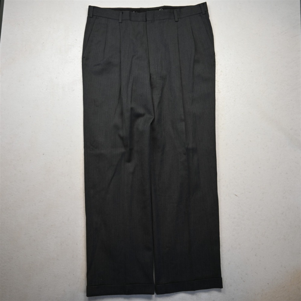 Vtg Bespoke 36x32 Gray Herringbone Wool Pleated Cuffed Baggy Dress Mens Pants
